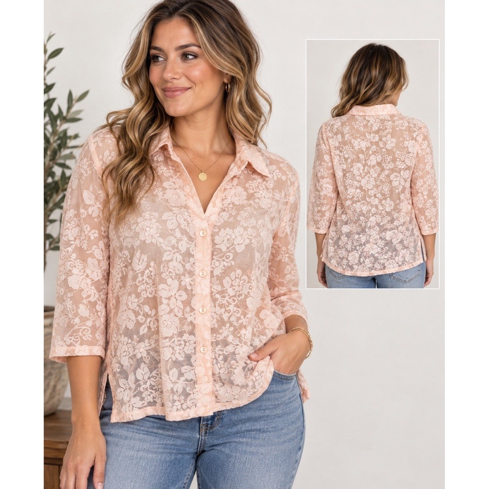 Erin London Womens Blouse Large Pink Sheer Floral Lace Button Up Y2K Romantic